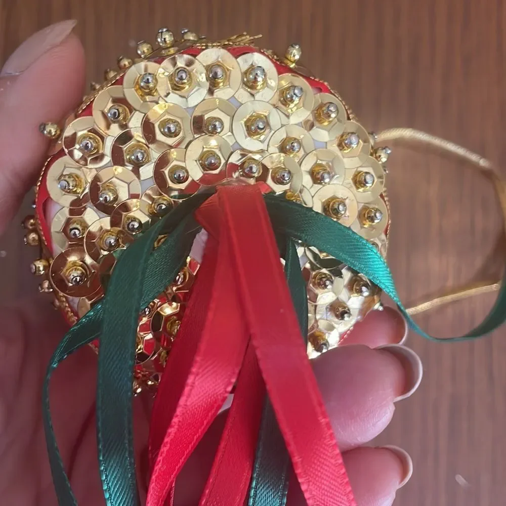 2 vintage craft red & green velvet & gold drum Christmas tree ornaments‎